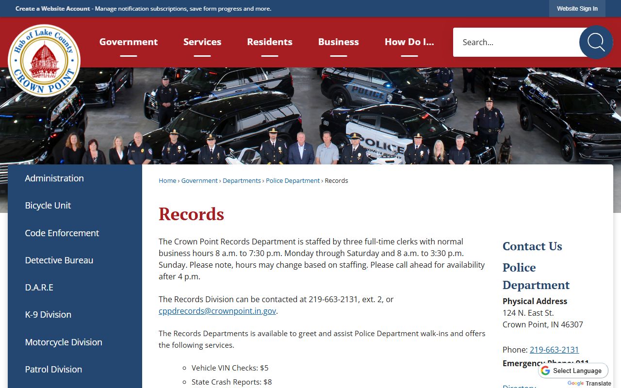 Crown Point Police Department felony records and public information request portal