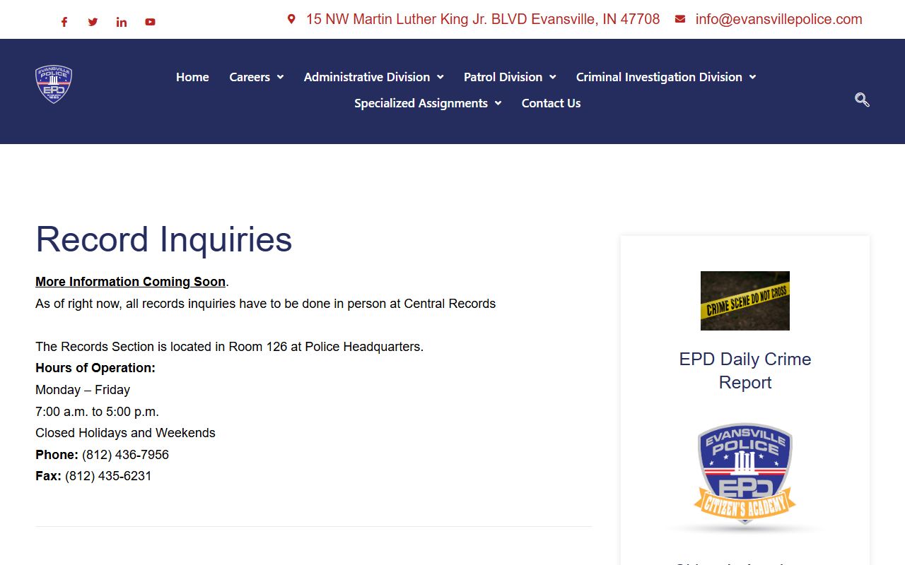 Evansville Indiana felony records EPD police department records portal