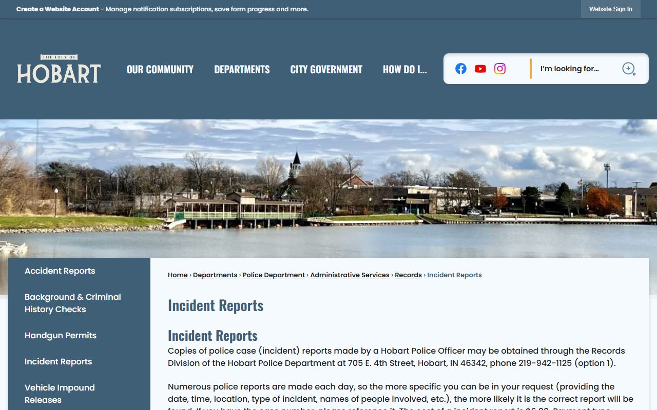 Hobart Police Department felony records and criminal history check information