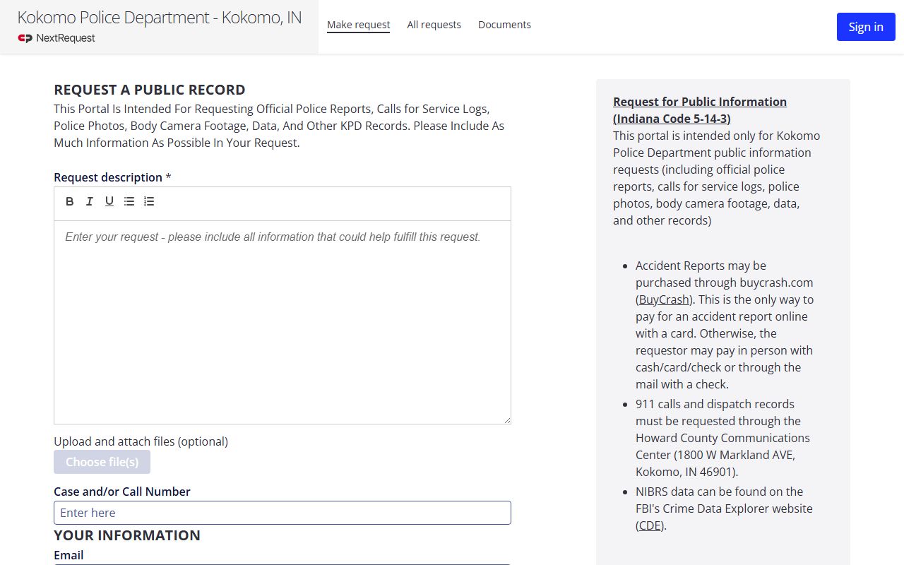 Kokomo Indiana felony records KPD NextRequest police department records portal