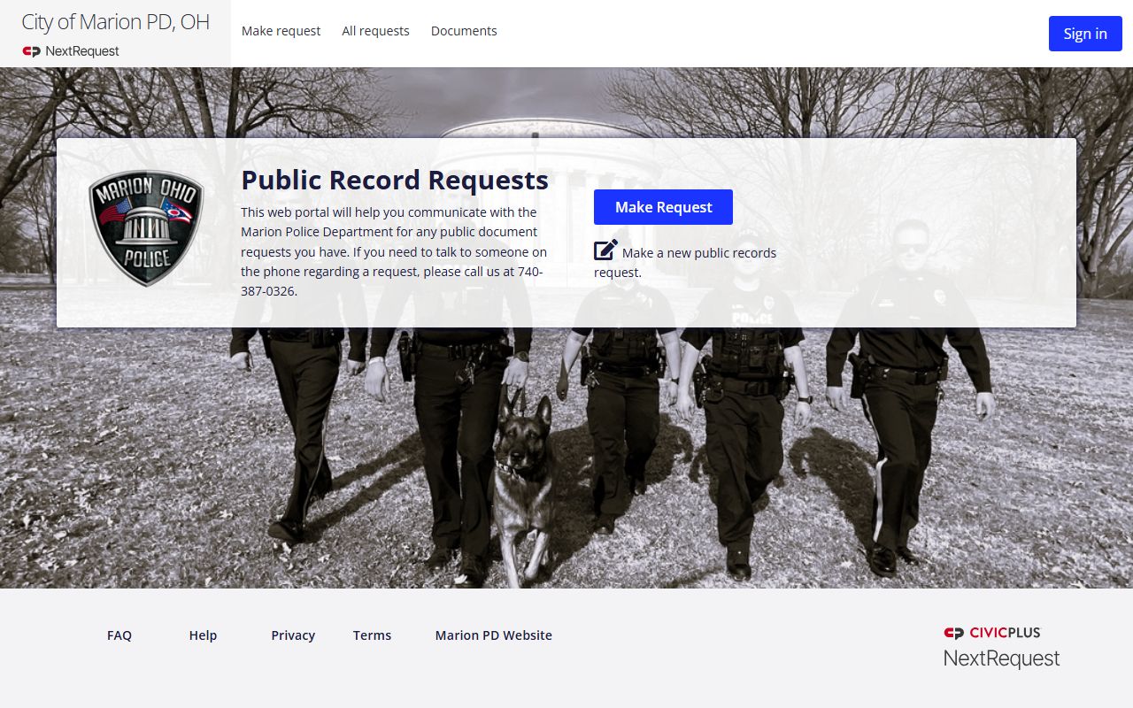 Marion Indiana Police Department felony records and public information request portal