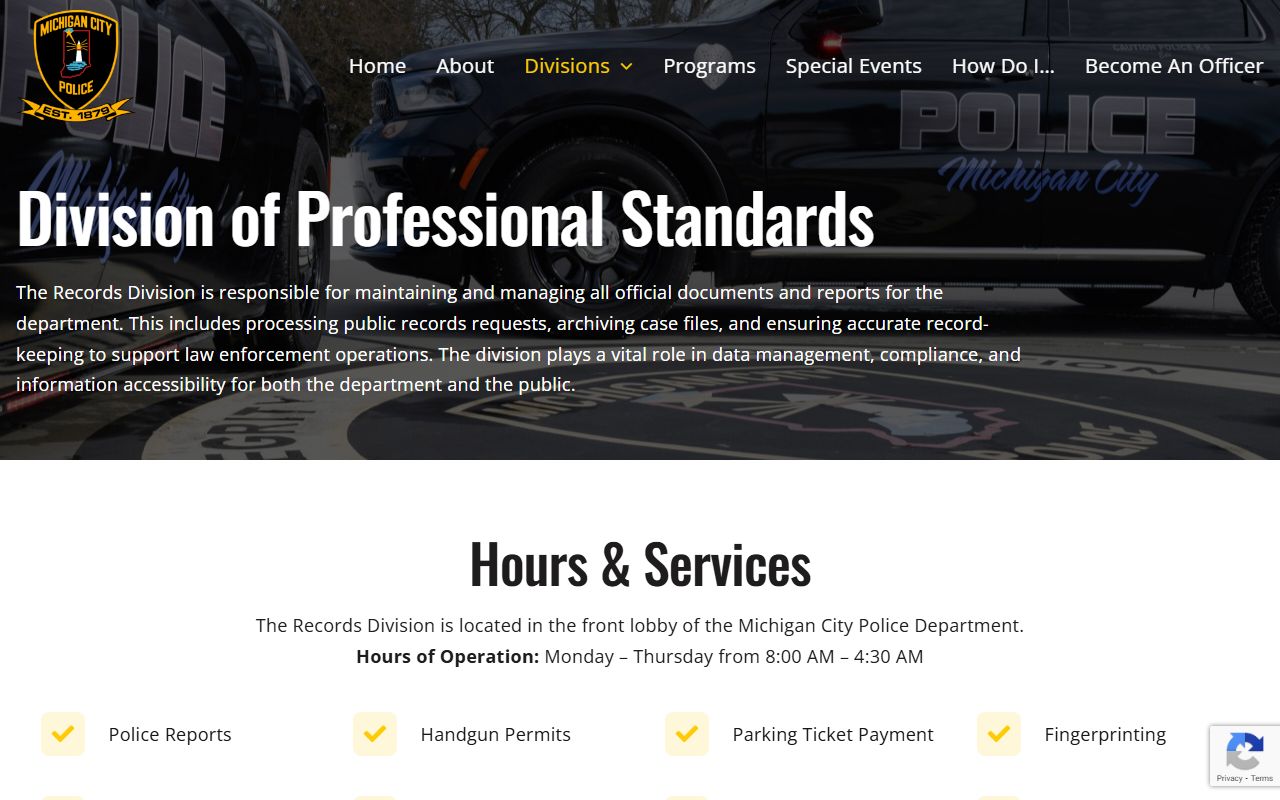 Michigan City Police Department felony records and professional standards division
