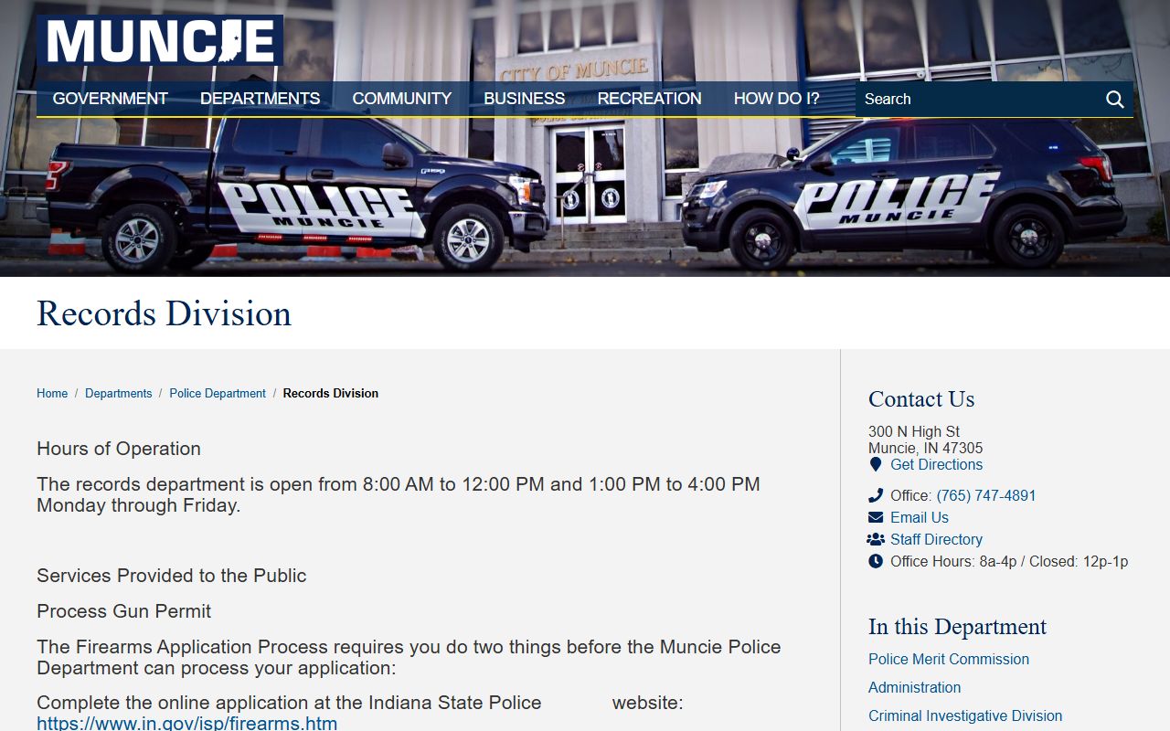 Muncie Indiana felony records Muncie Police Department records division access